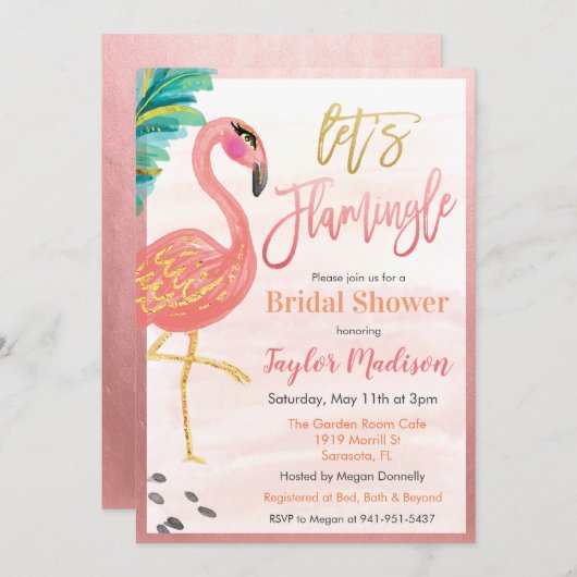 Watercolor Flamingo Bridal Dusche Einladung (Vorne/Hinten)