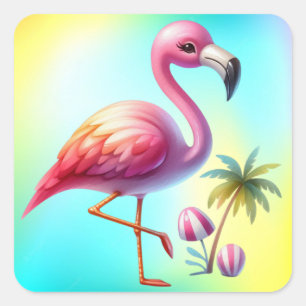 Watercolor Flamingo Cartoon Clipart Quadratischer Aufkleber