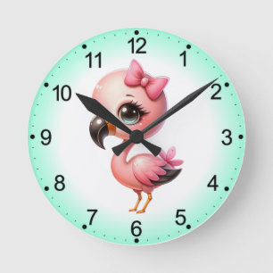 Watercolor Flamingo Cartoon Clipart Runde Wanduhr