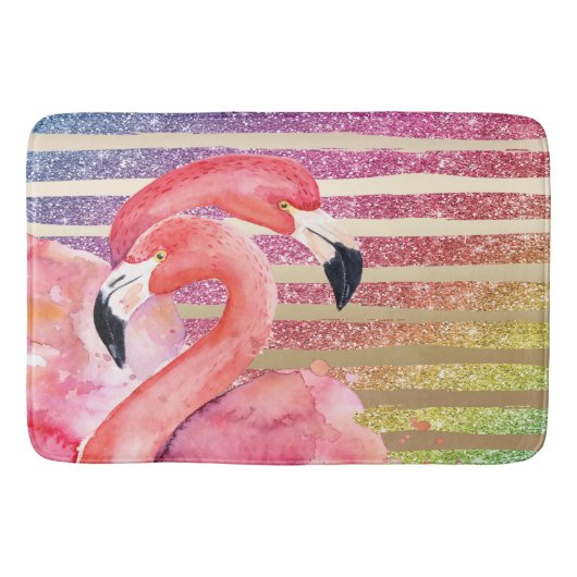 Watercolor-Flamingo-Glitzer-Goldstreifen Badematte (Vorderseite)