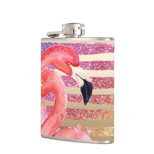 Watercolor-Flamingo-Glitzer-Goldstreifen Flachmann (Links)