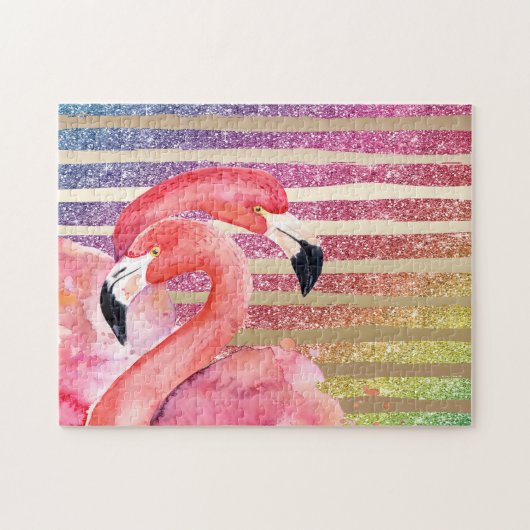 Watercolor-Flamingo-Glitzer-Goldstreifen Puzzle (Horizontal)