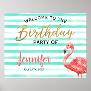 Watercolor Flamingo Gold Geburtstag Begrüßungsze Poster