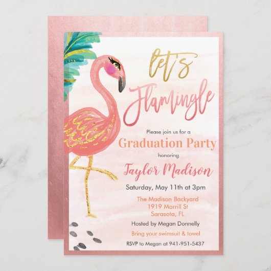 Watercolor Flamingo Graduation Party Einladung (Vorne/Hinten)