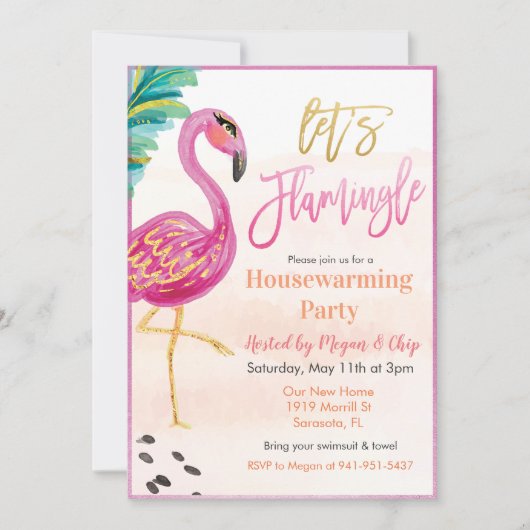 Watercolor Flamingo Housewarming Party Einladung (Vorderseite)