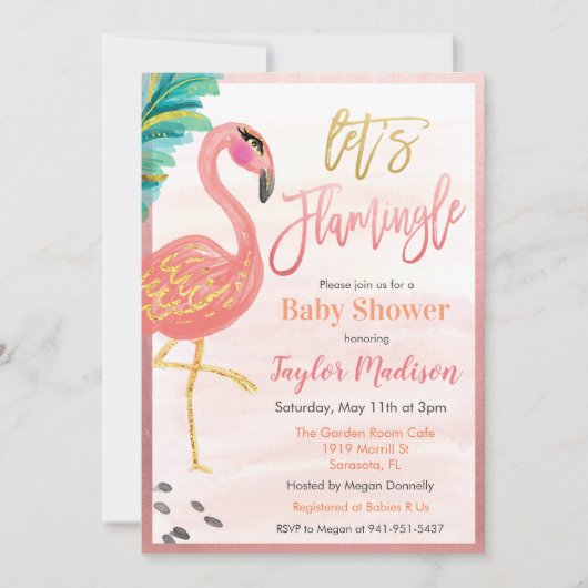 Watercolor Flamingo Kinderdusche Einladung (Vorderseite)