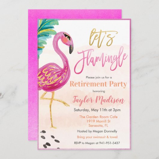 Watercolor Flamingo Retirement Party Einladung (Vorne/Hinten)