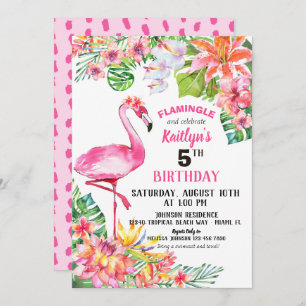 Watercolor Flamingo und Tropical Floral Geburtstag Einladung