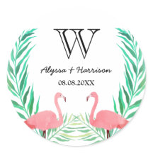 Watercolor Flamingos Palm Blätter Wedding Monogram