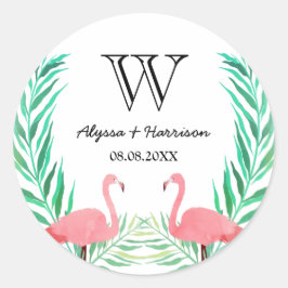 Watercolor Flamingos Palm Blätter Wedding Monogram Runder Aufkleber