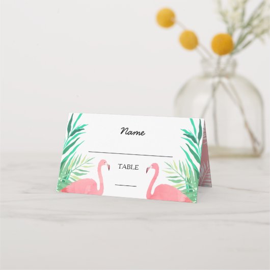 Watercolor Flamingos Tropical Wedding Platzkarte (Vorderseite)