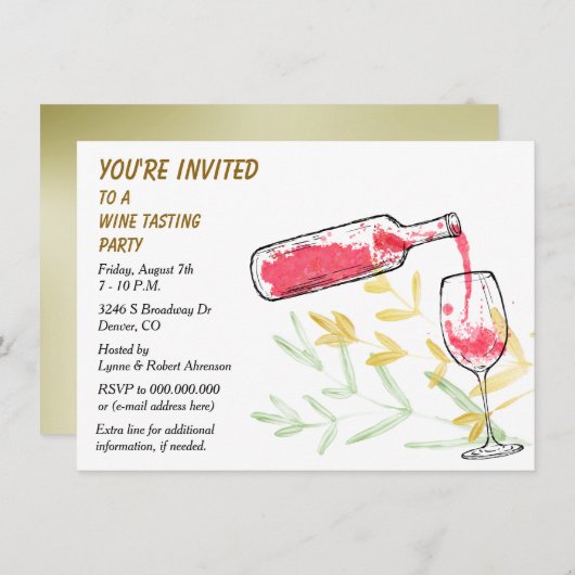 Watercolor-Flaschen-und Glas-Wein-Probieren-Party Einladung (Vorne/Hinten)
