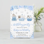 Watercolor Floral Arctic Animals Birthday Einladung (Stehend Vorderseite)