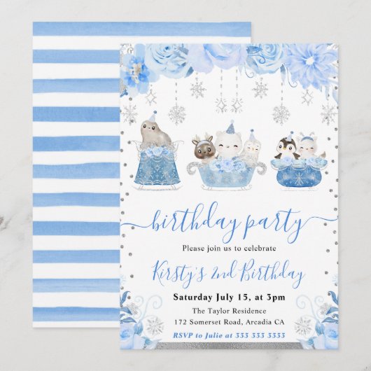 Watercolor Floral Arctic Animals Birthday Einladung (Vorne/Hinten)