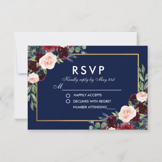 Watercolor Floral Blue Burgundy Wedding RSVP (Vorderseite)