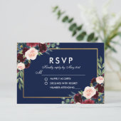 Watercolor Floral Blue Burgundy Wedding RSVP (Stehend Vorderseite)