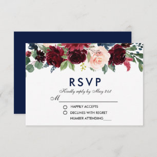 Watercolor Floral Blue Burgundy Wedding RSVP B