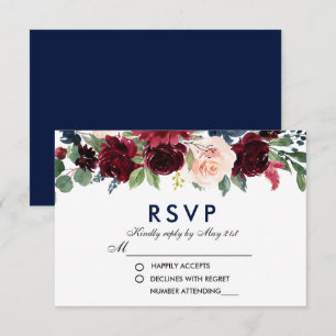 Watercolor Floral Blue Burgundy Wedding RSVP B Karte