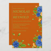 Watercolor Floral Blue & Burnt Orange Wedding Einladung (Vorne/Hinten)