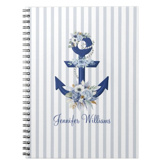 watercolor floral blue nautical stripes name  notizblock (Vorderseite)