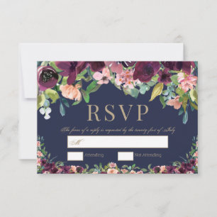 Watercolor Floral Boho Marine Wedding RSVP Karte