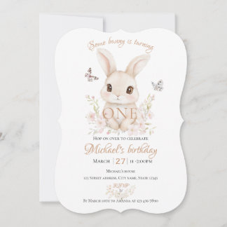 Watercolor Floral Bunny Girl First Birthday Invite Einladung