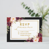 Watercolor Floral Burgundy Black Gold Wedding RSVP (Stehend Vorderseite)