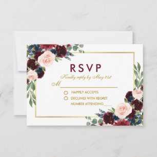 Watercolor Floral Burgundy Blue Gold Wedding RSVP Karte