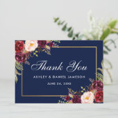 Watercolor Floral Burgundy Blue Wedding Danke (Stehend Vorderseite)