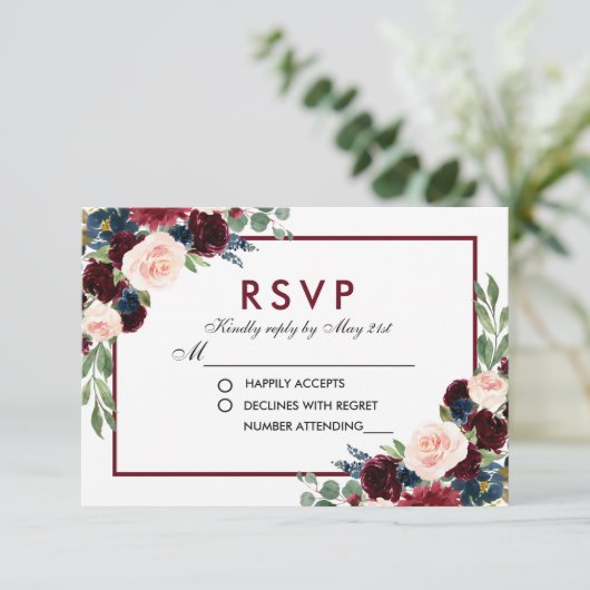 Watercolor Floral Burgundy Blue Wedding RSVP (Stehend Vorderseite)