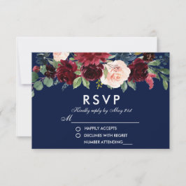 Watercolor Floral Burgundy Blue Wedding RSVP