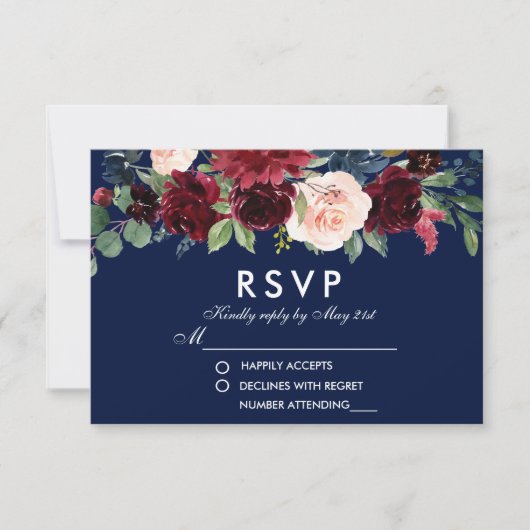 Watercolor Floral Burgundy Blue Wedding RSVP (Vorderseite)