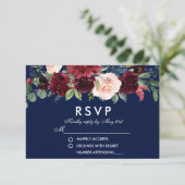 Watercolor Floral Burgundy Blue Wedding RSVP (Stehend Vorderseite)