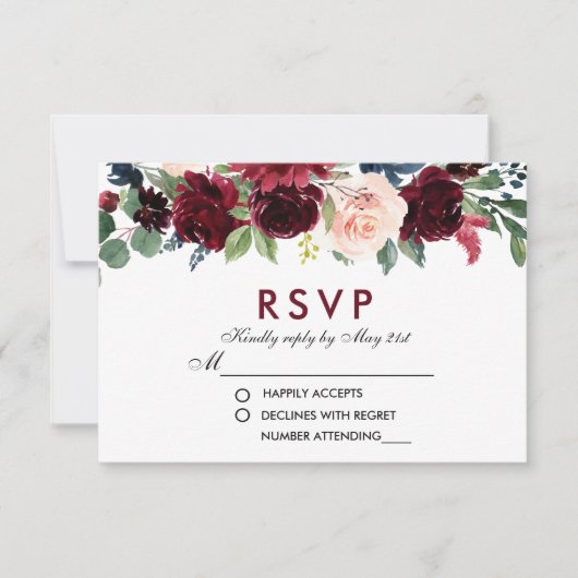 Watercolor Floral Burgundy Blue Wedding RSVP B (Vorderseite)
