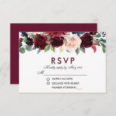Watercolor Floral Burgundy Blue Wedding RSVP B (Vorne/Hinten)
