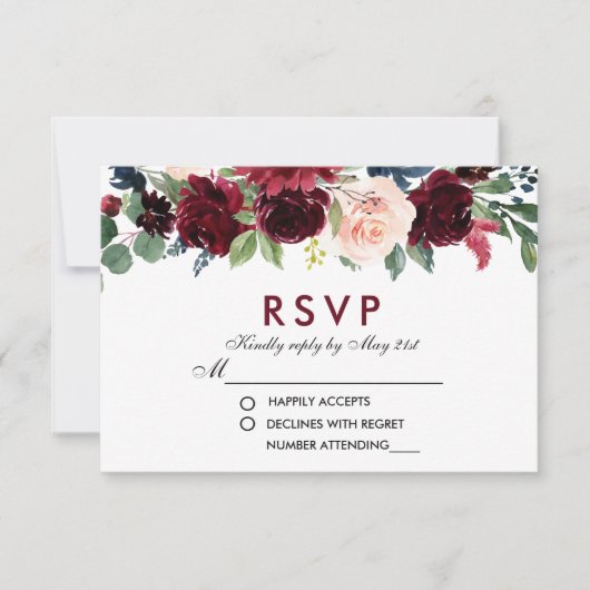 Watercolor Floral Burgundy Blue Wedding RSVP B Karte (Vorderseite)