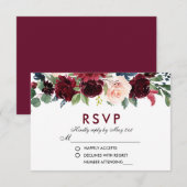 Watercolor Floral Burgundy Blue Wedding RSVP B Karte (Vorne/Hinten)