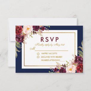 Watercolor Floral Burgundy Gold Blue Wedding RSVP