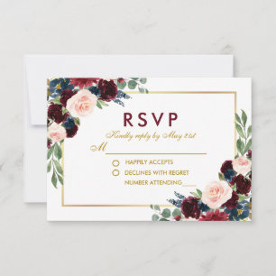 Watercolor Floral Burgundy Gold Blue Wedding RSVP