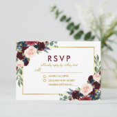 Watercolor Floral Burgundy Gold Blue Wedding RSVP (Stehend Vorderseite)