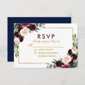 Watercolor Floral Burgundy Gold Blue Wedding RSVP (Vorne/Hinten)