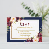 Watercolor Floral Burgundy Gold Blue Wedding RSVP Karte (Stehend Vorderseite)