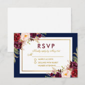 Watercolor Floral Burgundy Gold Blue Wedding RSVP Karte (Vorne/Hinten)