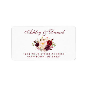 Watercolor Floral Burgundy Gold Wedding Address BW Adressaufkleber