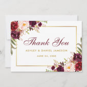 Watercolor Floral Burgundy Gold Wedding Danke SB (Vorderseite)