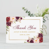 Watercolor Floral Burgundy Gold Wedding Danke SB (Stehend Vorderseite)