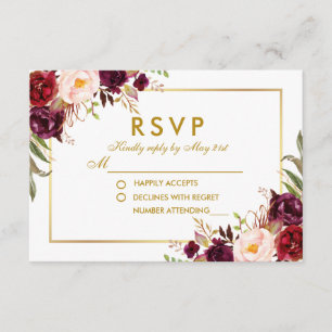 Watercolor Floral Burgundy Gold Wedding RSVP