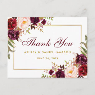 Watercolor Floral Burgundy Gold Wedding Vielen Dan Postkarte