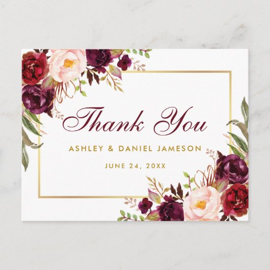 Watercolor Floral Burgundy Gold Wedding Vielen Dan Postkarte (Vorderseite)