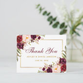 Watercolor Floral Burgundy Gold Wedding Vielen Dan Postkarte (Stehend Vorderseite)